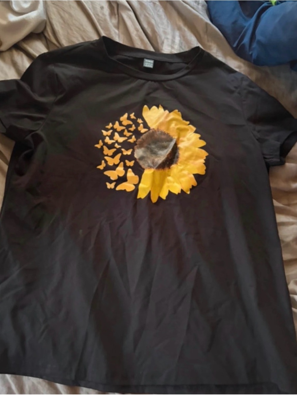 SHEIN Black Short Sleeve Tee with Yellow Sunflower & Butterfly Graphic